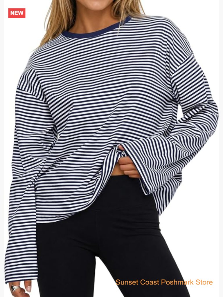 Womens Oversized Striped Long Sleeve Cotton Crew Neck T Shirts Drop Shoulder